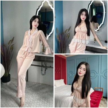 Set 4 món mặc nhà chất lụa phối ren đa kiểu ngắn dài, kèm mút - Giá chỉ 241k