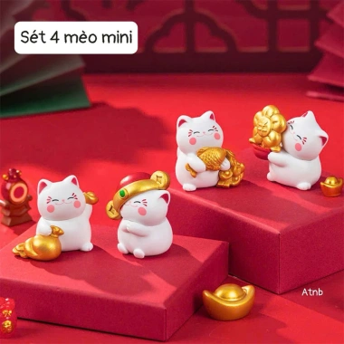 Set 4 tượng mèo Thần Tài may mắn Minekineko decor dễ thương cho bàn và xe ô tô