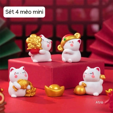 Set 4 tượng mèo Thần Tài may mắn Minekineko decor dễ thương cho bàn và xe ô tô