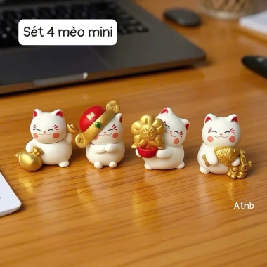 Set 4 tượng mèo Thần Tài may mắn Minekineko decor dễ thương cho bàn và xe ô tô