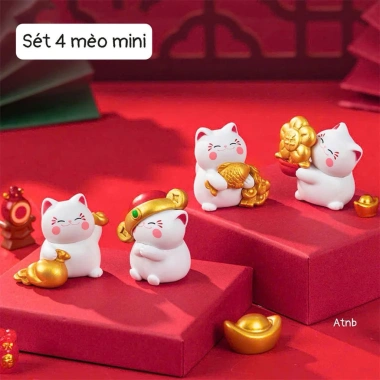 Set 4 tượng mèo Thần Tài may mắn Minekineko decor dễ thương cho bàn và xe ô tô