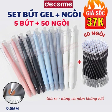 Set 5 bút bi gel 0.5mm Decorme - Ngòi trắng, viết mực đen mượt, giá chỉ 15.600₫