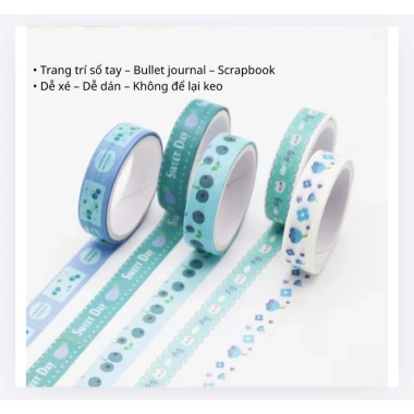 Set 5 cuộn Washi Tape pastel cute - Trang trí sổ tay, bullet journal, dán quà, 22.000₫