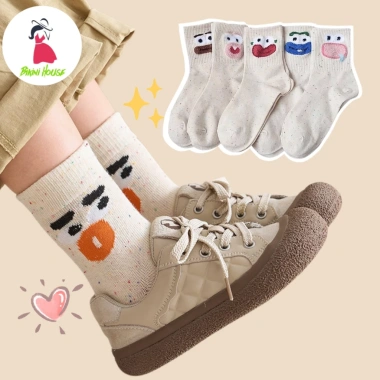 Set 5 Đôi Tất Cao Cổ Nữ Họa Tiết Biểu Cảm Dễ Thương Màu Muối Tiêu - 12.900₫