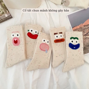 Set 5 Đôi Tất Cao Cổ Nữ Họa Tiết Biểu Cảm Dễ Thương Màu Muối Tiêu - 12.900₫