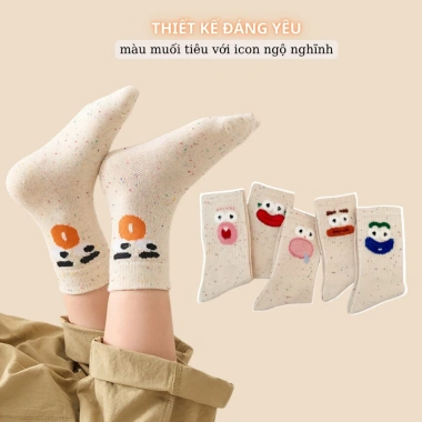 Set 5 Đôi Tất Cao Cổ Nữ Họa Tiết Biểu Cảm Dễ Thương Màu Muối Tiêu - 12.900₫
