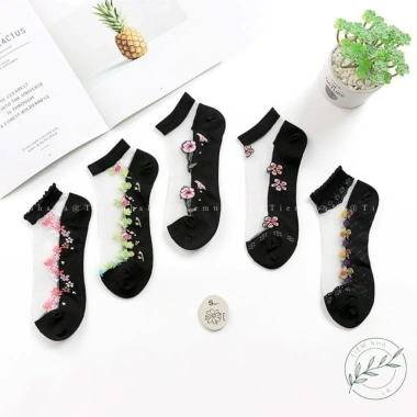 Set 5 Đôi Tất Lưới Trong Suốt Thoáng Khí Hoa Nhật Bản Thời Trang Nữ Giá 55k 2
