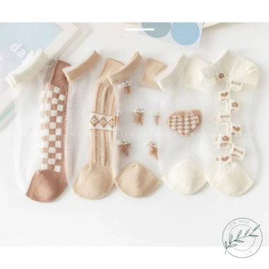 Set 5 Đôi Tất Lưới Trong Suốt Thoáng Khí Hoa Nhật Bản Thời Trang Nữ Giá 55k 6