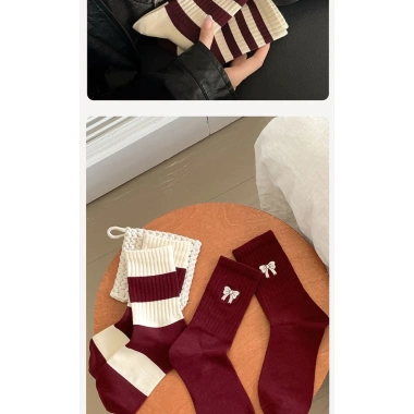 Set 5 Đôi Tất Vớ Dệt Kim Cổ Cao Kẻ Thêu Hình Tông Đỏ Vintage Hàn Quốc TA59 - Giá chỉ 50.000đ 6