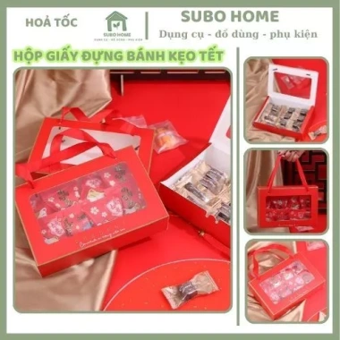 Set 5 hộp giấy đỏ 22.5x15.5cm tay cầm Đựng quà bánh kẹo Giáng Sinh Tết lễ hội sang trọng giá ưu đãi 64.740₫