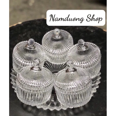 Set 5 thố mứt Tết thủy tinh kèm khay trong suốt - Giá ưu đãi 229.000₫