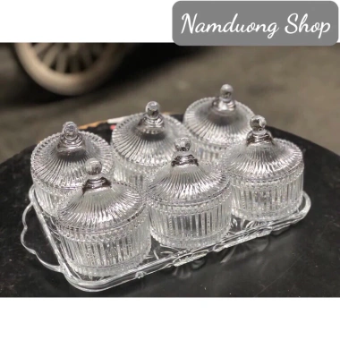 Set 5 thố mứt Tết thủy tinh kèm khay trong suốt - Giá ưu đãi 229.000₫
