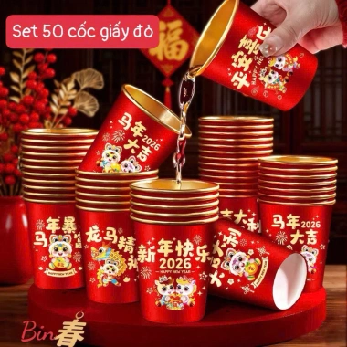 Set 50 Cốc Giấy Đỏ Tết 2.026 - Rộn Ràng Đón Xuân, Giá Chỉ 55.000 VNĐ, Giảm Đặc Biệt 2