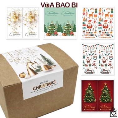 Set 50 decal dán nắp hộp Noel TE18 - Tem sticker Merry Christmas trang trí hộp quà tặng Giáng sinh