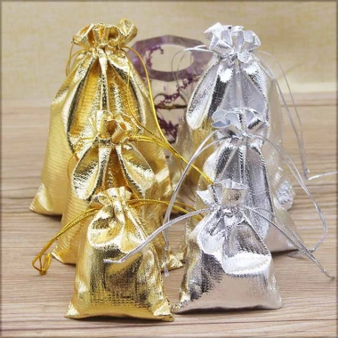 Set 50 Túi Dây Rút Điều Chỉnh 7x9 9x12 11x16 cm Màu Vàng Bạc Đựng Quà Cưới