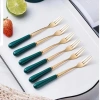 Sét 5/10 Thìa Dĩa Mạ Vàng Cán Sứ Xanh Dài 15cm - Tiện Lợi Cho Trái Cây & Cà Phê 2