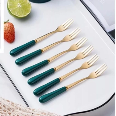 Sét 5/10 Thìa Dĩa Mạ Vàng Cán Sứ Xanh Dài 15cm - Tiện Lợi Cho Trái Cây & Cà Phê