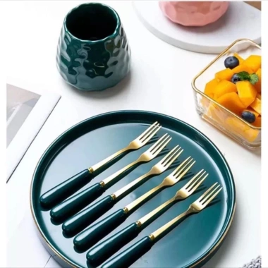 Sét 5/10 Thìa Dĩa Mạ Vàng Cán Sứ Xanh Dài 15cm - Tiện Lợi Cho Trái Cây & Cà Phê
