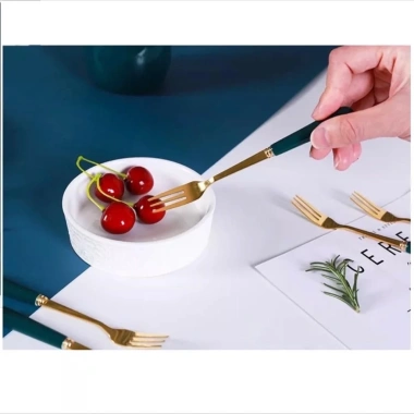 Sét 5/10 Thìa Dĩa Mạ Vàng Cán Sứ Xanh Dài 15cm - Tiện Lợi Cho Trái Cây & Cà Phê