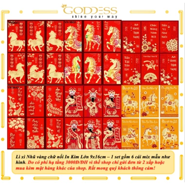 Set 6 Bao Lì Xì Tết Con Ngựa Bính Ngọ 2.026 Đỏ-Vàng, in kim chữ nổi 3D, giá 10.800₫