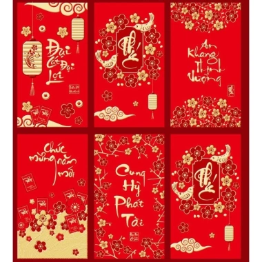Set 6 Bao Lì Xì Tết Con Ngựa Bính Ngọ 2.026 Đỏ-Vàng, in kim chữ nổi 3D, giá 10.800₫