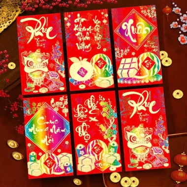 Set 6 Bao Lì Xì Tết Con Ngựa Bính Ngọ 2.026 Đỏ-Vàng, in kim chữ nổi 3D, giá 10.800₫