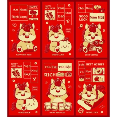 Set 6 Bao Lì Xì Tết Con Ngựa Bính Ngọ 2.026 Đỏ-Vàng, in kim chữ nổi 3D, giá 10.800₫