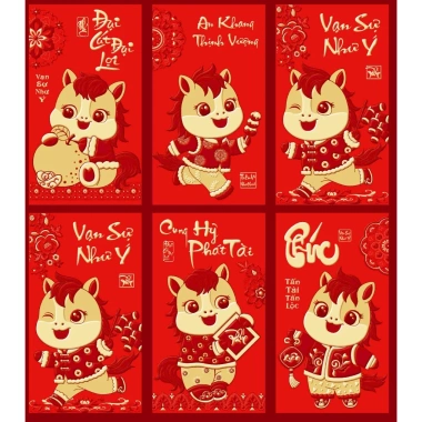 Set 6 Bao Lì Xì Tết Con Ngựa Bính Ngọ 2.026 Đỏ-Vàng, in kim chữ nổi 3D, giá 10.800₫