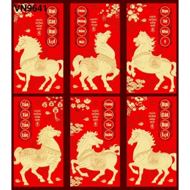 Set 6 Bao Lì Xì Tết Con Ngựa Bính Ngọ 2.026 Đỏ-Vàng, in kim chữ nổi 3D, giá 10.800₫