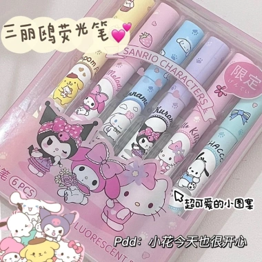 Set 6 bút dạ quang Kuromi Melody Cinnamoroll Kitty Pompurin Pochacco dễ thương giá 31.000đ