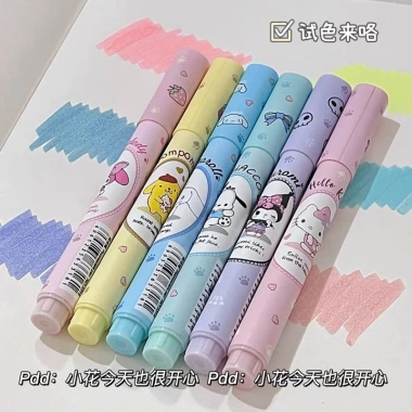 Set 6 bút dạ quang Kuromi Melody Cinnamoroll Kitty Pompurin Pochacco dễ thương giá 31.000đ