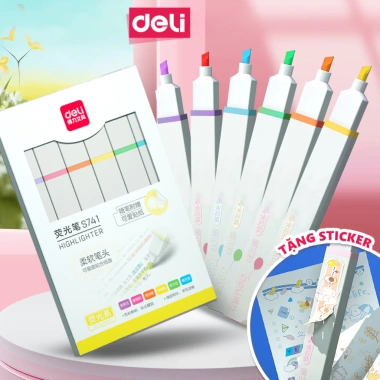Set 6 Bút Highlight Deli Màu Pastel + Sticker Dạ Quang Đánh Dấu Nhiều Màu cho Học Sinh và Văn Phòng – Giá 29.000₫