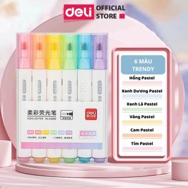 Set 6 Bút Highlight Màu Pastel Retro Đầu Vát Thân Tròn - Ghi Chú Xinh Xắn, Tiện Lợi, Giá Chỉ 14.000₫