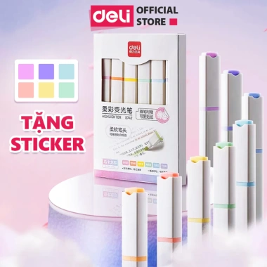 Set 6 Bút Highlight Pastel Dạ Quang và Sticker Trang Trí, Học Sinh Văn Phòng 49k