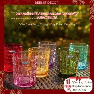 Set 6 Cốc Thủy Tinh Dày 280ml Chịu Nhiệt, Màu Cao Cấp, Hộp Đẹp Beemit - 109.000đ 2