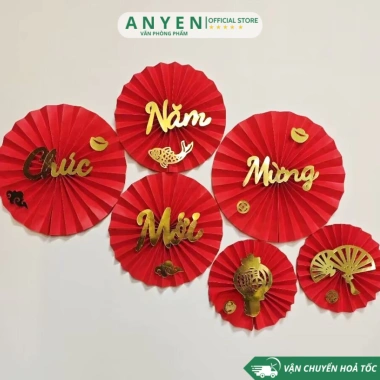 Set 6 Quạt Giấy Đỏ Tròn Trang Trí Tết - Dán Keo Sẵn, Giá Ưu Đãi 7.000₫ 9