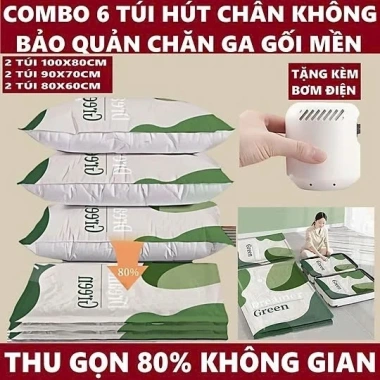 Set 6 Túi Hút Chân Không Green Cất Chăn, Quần Áo Tiện Lợi và Bơm Điện