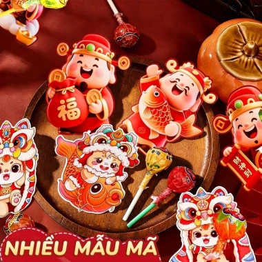 Set 60 thẻ gắn kẹo năm mới cho bé - Thần Tài hoạt hình, trang trí bánh, quà tặng Tết 2.026 giá ưu đãi 22.040₫