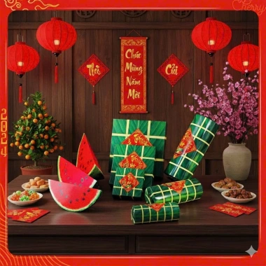 Set 9 Đồ Decor Giấy Bánh Chưng, Bánh Tét, Dưa Hấu - Trang trí Tết, Giá 59.000₫