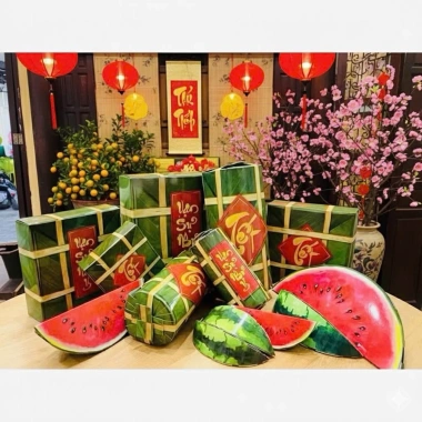 Set 9 Đồ Decor Giấy Bánh Chưng, Bánh Tét, Dưa Hấu - Trang trí Tết, Giá 59.000₫