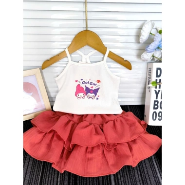 Set Áo 2 Dây + Váy Tầng Kuromi Labubu 9-16kg Bé Gái Mùa Hè Giá 117k