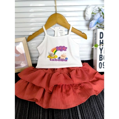 Set Áo 2 Dây + Váy Tầng Kuromi Labubu 9-16kg Bé Gái Mùa Hè Giá 117k