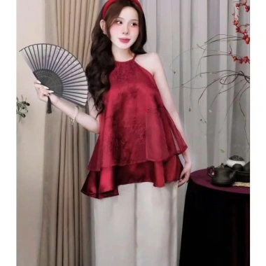 Set áo cổ yếm dây gấm và quần ống rộng, cách tân tết cực xinh, giá ưu đãi 216.300₫