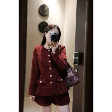 Sét áo dạ nhung đỏ 2 lớp khuy sáng dài + quần sooc dạ - Đồ Tết mùa thu đông 355k