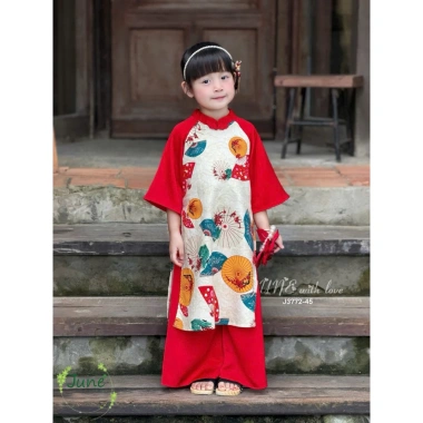 Set áo dài bé gái gấm đỏ đón Tết, sang trọng, giá ưu đãi 233,100₫