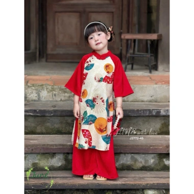 Set áo dài bé gái gấm đỏ đón Tết, sang trọng, giá ưu đãi 233,100₫
