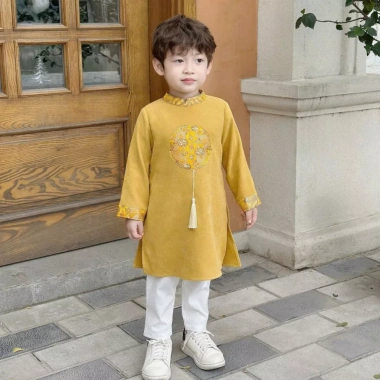Set Áo Dài Bé Trai Phối Gấm, Quần Nhung Dày Dặn, Mềm Mịn - Giá Ưu Đãi 283.500₫ 7