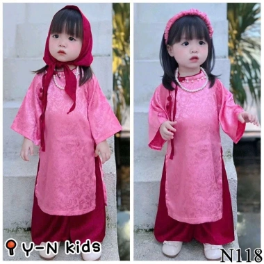 Set áo dài cách tân 3 chi tiết lụa hoa + quần satin bé mặc Tết - Giá chỉ 195k 2