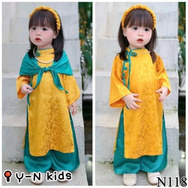 Set áo dài cách tân 3 chi tiết lụa hoa + quần satin bé mặc Tết - Giá chỉ 195k 7