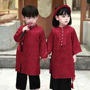Set áo dài cách tân bé 9-27kg lụa gấm đỏ + quần đen, đồ tết cao cấp cho bé trai, bé gái - Giá chỉ 125k 2